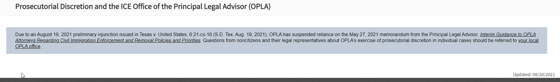 Screenshot of OPLA update on webpage