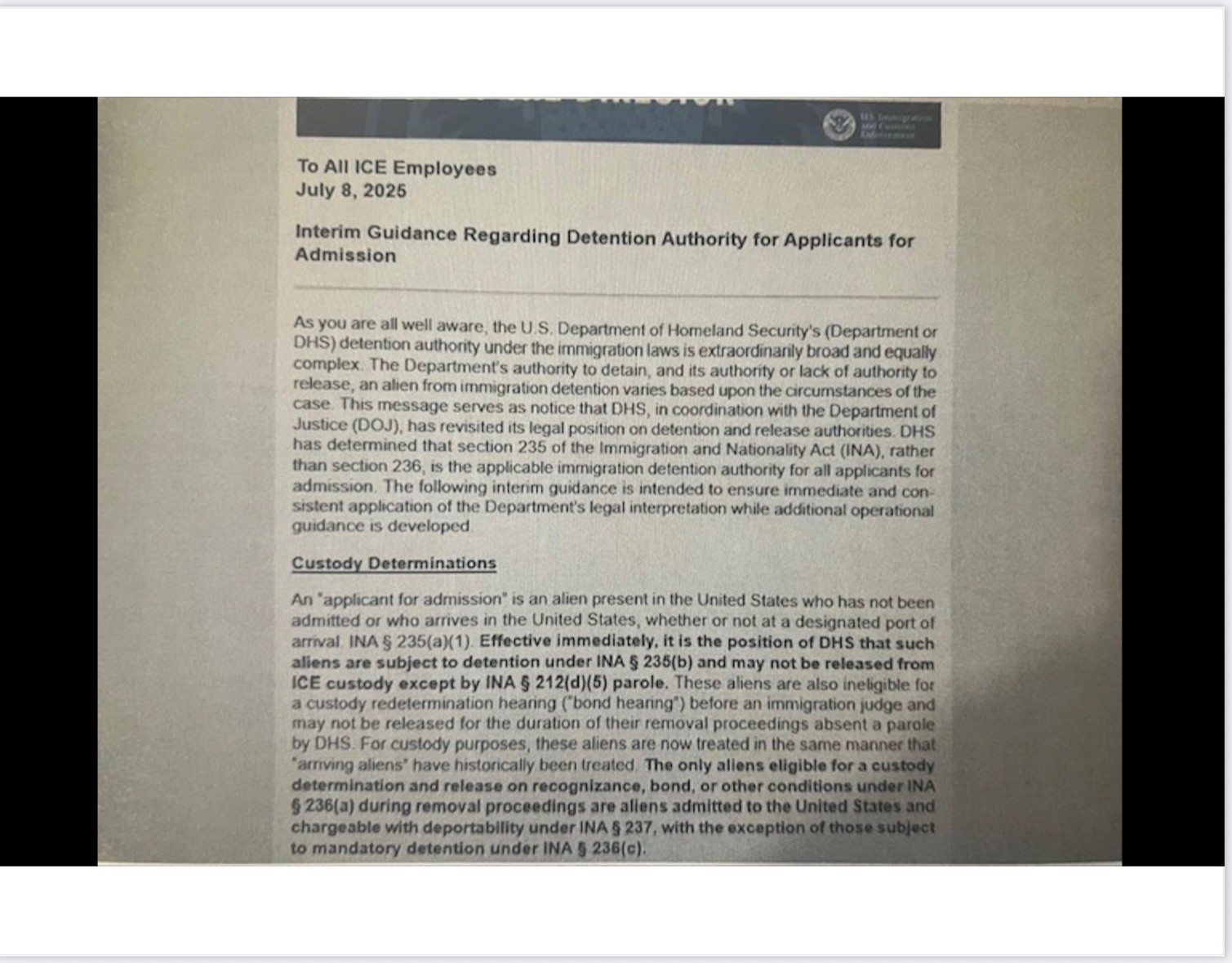 Screenshot of ICE memo.