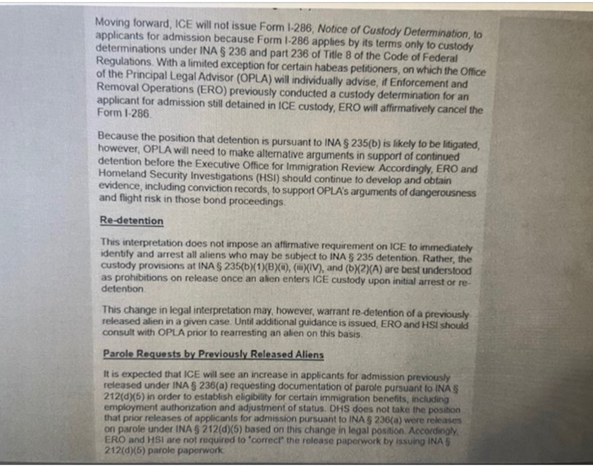 Screenshot of ICE memo.